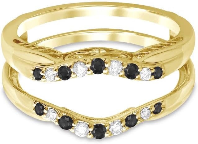 Black & White Diamond V Shape Curved Enhancer Guard For Women, 14k Gold Plated Silver Black & White Diamond Wrap Ring, Enhancer Curved Ring Chevron Enhancer Guard