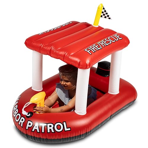 Zone Tech Fire Boat Inflatable Pool Floats Kids, Toddler Harbor Patrol Fire Rescue Inflatable Boat Pool Float Ride On Fun Water Toy Squirter Pool Toy, Fire Rescue Theme Pool Raft for Boys and Girl