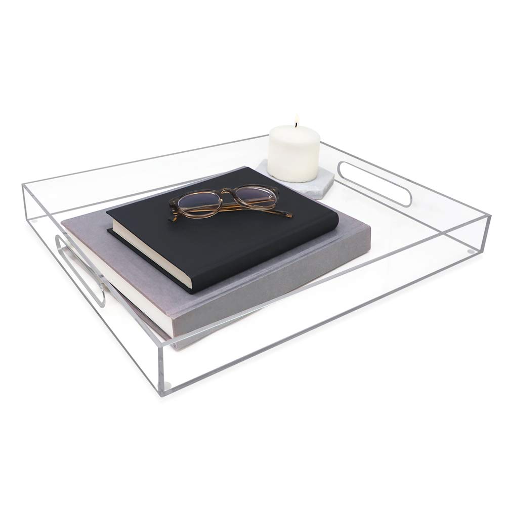 Isaac Jacobs Clear Acrylic Serving Tray (14x18) with Cutout Handles, Spill-Proof, Stackable Organizer, Space-Saver, Food & Drinks Server, Indoors/Outdoors, Lucite Storage Décor & More