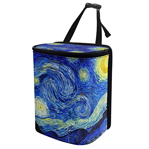 Image of Van Gogh Starry Sky Car Trash Can Car Interior Accessories Organizer Garbage Bag Dustbin Container with Lid Waste Basket Storage Pockets Hanging Vehicle Trash Bin