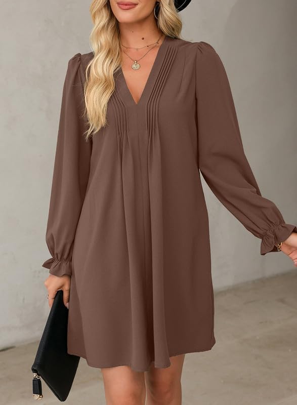 Dokotoo Womens Casual Dress A-Line Ruffle Sleeve V Neck Midi Dress 2025 Fashion Pleated Flowy Sundress Loose Shirt Dresses - Image 5