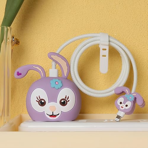 Image of skysia Charger Protector & Cable Saver for iPhone 18W 20W - 3D Purple Rabbit Design, 4-in-1 Full Protection Cover with Wire Guard & Data Line Protector (Multicolored)