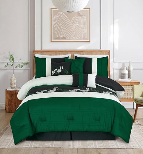 Chezmoi Collection Napa 7-Piece Luxury Leaves Scroll Embroidery Bedding Comforter Set (California King, Green/Black/Cream)