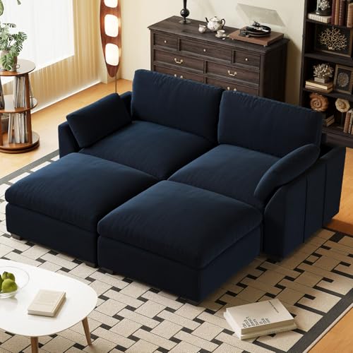 Belffin Oversized Modular Sectional Sofa Bed,4-Seater Velvet Deep Seat Sofa Bed Modern Sofa Couch for Living Room,Removable Cover,Blue Blue Sofa Bed 4