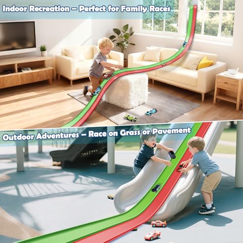 Image of Flex Tracks 15 Ft Starter Set, Flexible Race Track for Kids 3+ with Strong Suction Cups, Flexible Car Track Race Car Ramp Track Compatible with 1 /64 Diecast Cars, Portable Rolls Up Race Tracks