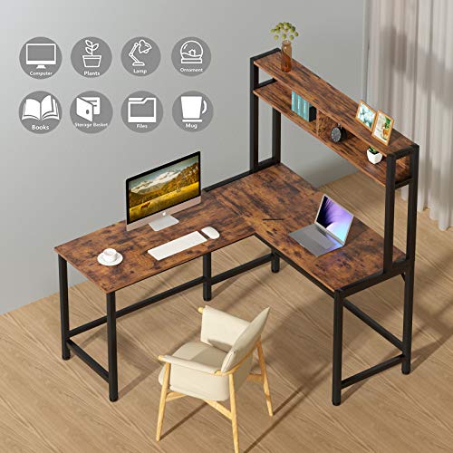 L-Shaped Desk with Hutch, 55 Inch Corner Computer Desk Gaming Table Workstation with Storage Shelves Bookshelf, Study Writing Space Saving Desk for Home Office (Rustic)