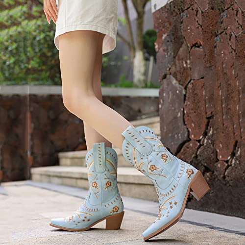Image of Womens Embroidered Cowgirl Boots Pull On Cowboy Boots for Women Floral Low Chunky Heel Western Boots