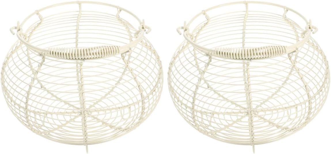 Metal Wire Egg Basket with Handle 2pcs, Rustic round Fresh Eggs Collecting Basket for Countertop Storage and Refrigerator Use, White Iron Mesh Vegetable and Fruit Holder