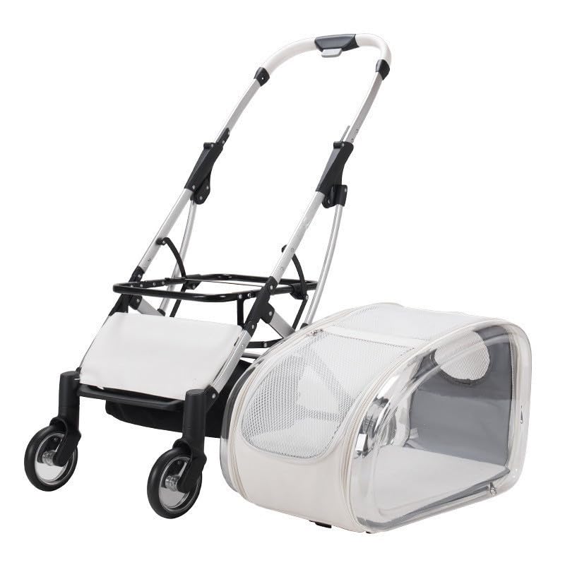 Portable Pet Stroller for Cats, Foldable Lightweight Design, Transparent Detachable Carrier, White Frame with Black Base, 27.56x14.96x40.55 Inches
