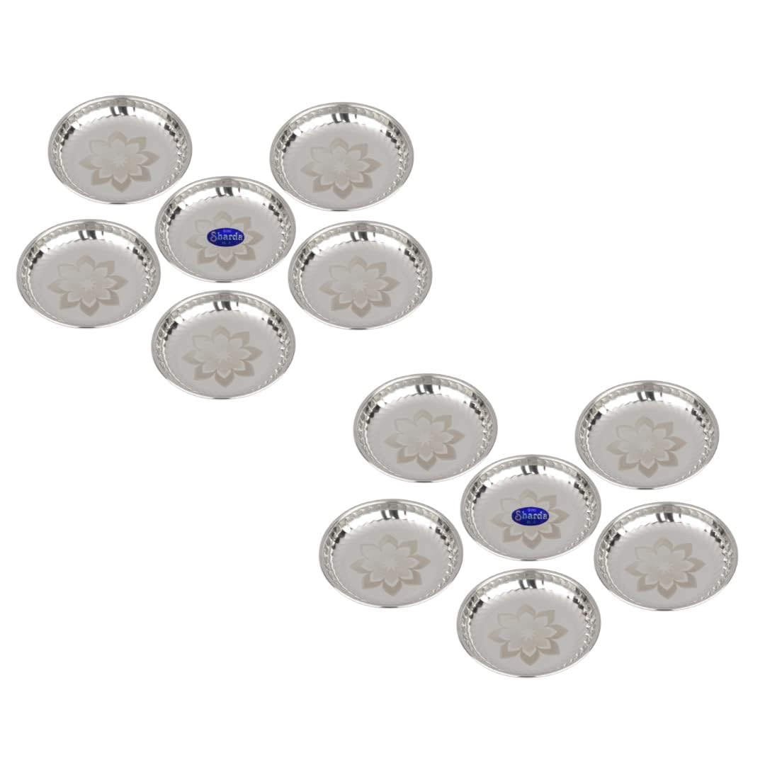Sharda Metals Set of 12 Stainless Steel Side Serving Designer Plates Dishes, Small, Silver