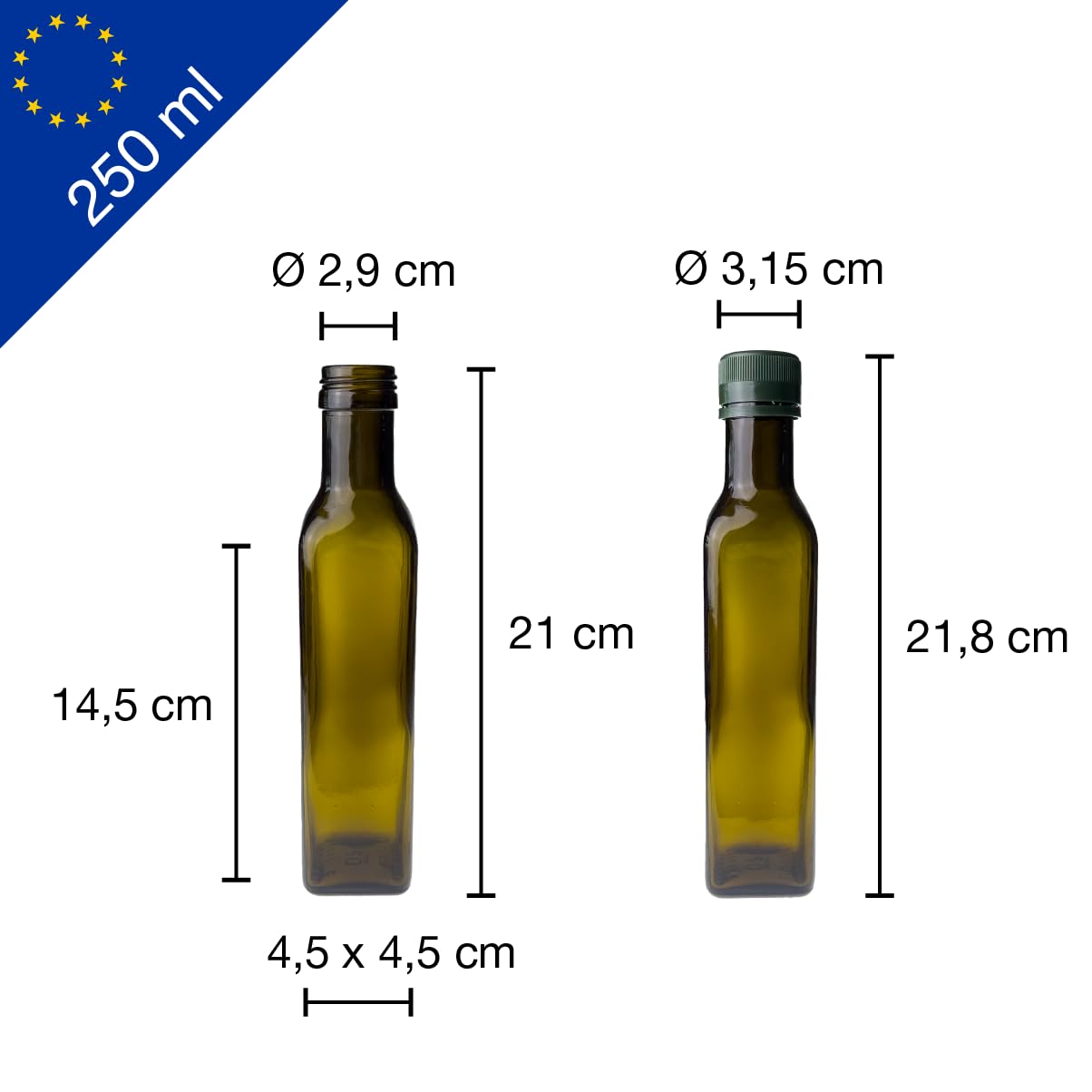 Botellas de cristal Maraska de 250 ml (40 unidades) con tapón de plástico verde PP31.5 con boquilla – Botella de aceite antigua – Diseño de alta calidad para aceite, vinagre – Reutilizable y