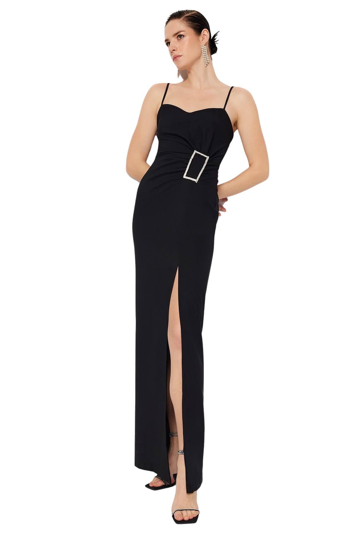 Trendyol Women's Schwarz Maxi Shift Regular Fit Woven Evening Dress
