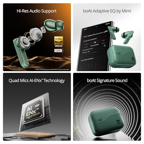 Image of boAt Airdopes 800 HiDef, Hi-Res Audio LDAC, 4Mic ENx, App Support, ASAP Charge, IPX5, Low Latency, Dual Pairing, BTv5.3, Bluetooth TWS in Ear Earbuds Wireless Earphones (Emerald Green)