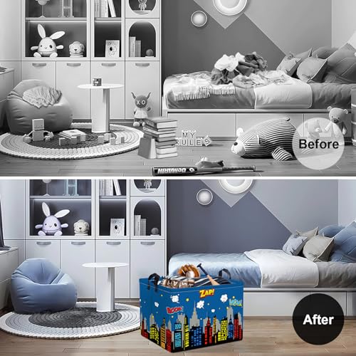 Clastyle Blue City Skyline Hero Kids Laundry Hamper for Boys Waterproof Foldable Clothes Toy Shelf Storage Basket for Baby Nursery Room Skyline - Image 2
