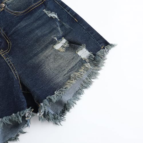 Image of THUNDER STAR Women Mid Rise Ripped Stretchy Jeans Shorts Frayed Raw Hem Casual Denim Shorts
