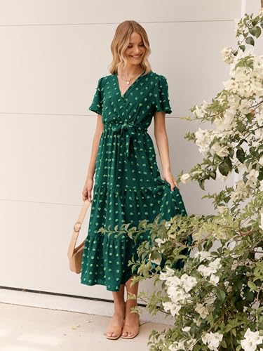Image of MASCOMODA Women Boho Swiss Dot Maxi Dresses Wrap V Neck Flutter Short Sleeve Solid Tie Waist A Line Tiered Flowy Long Dresses