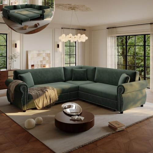 Image of KEIKI 88.2 inch Chesterfield Sleeper Sofa, Chenille Sectional Couch, Green