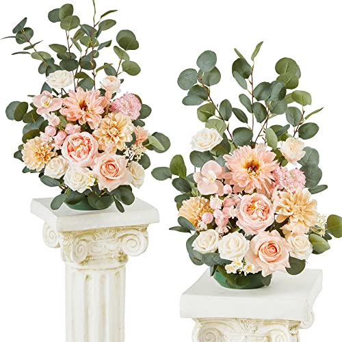 TINGE TIME Free-Standing Artificial Flower Set of 2, Table Centerpiece with Rubber Pad, Silk Fake Flower for Wedding Centerpiece Archway Aisle Welcome Entrance (Champagne&Coral)