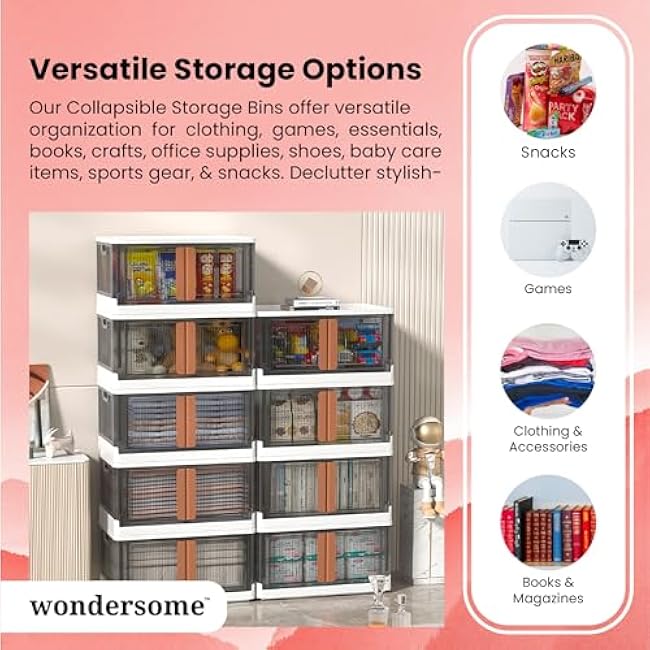 Wondersome Collapsible Storage Bins - 3-Pack of Large 8.5-Gallon/33.8-Quart Stackable Wheeled Clothing, Shoe, Bedroom, Office Organizer - Foldable Containers and Assembles in Second - US-Based Brand