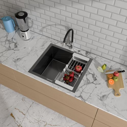 Image of HARDSTONE Premium Kitchen Sink | Single Bowl 16x18x9 Inch | Handmade Heavy Duty Stainless Steel Wash Basin with Matte Black Finish | Includes Waste Hose Pipe, Coupling & Compact Drying Rack | Black