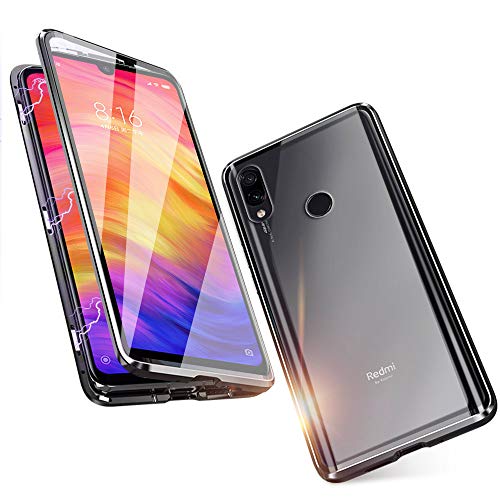 JUNHENG Funda para Xiaomi Redmi Note 7 Adsorcion magnetica Tech Carcasa Frente Posterior Vidrio Templado Diseño unibody Imanes potentes Marco Incorporado Metal Flip Cover, Negro