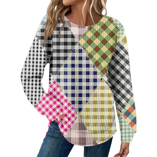 Women Shirts Long Sleeve Casual Loose Basic Tops Fashion Round Neck Pullover Plaid Printed 2025 Fall Blouses