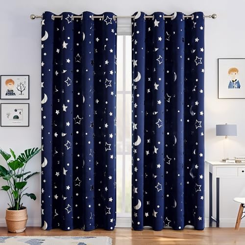 Image of WUBODTI Boys Curtains Navy Blue Blackout Star Curtains Cute Space Themed Thermal Insulated Room Darkening Blackout Drapes for Kids Room Nursery Boys Bedroom(W42 x L84, 2 Panels)