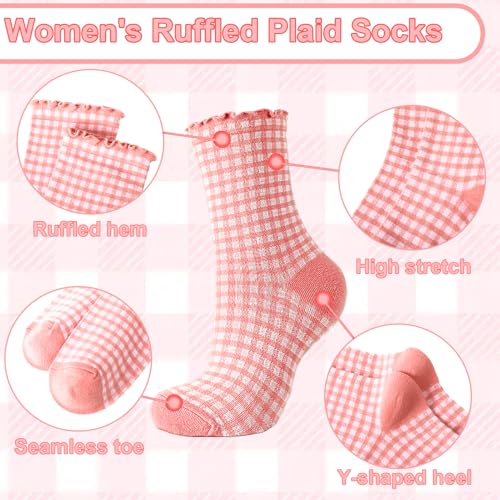 Image of 6 Pairs Women Ruffle Striped Frilly Socks, Cute Checkered Ankle Sock for Women Cotton Knit Casual Crew Socks