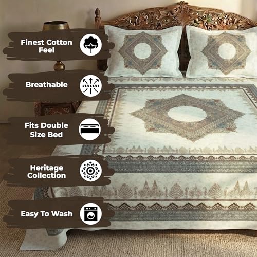Image of Story@Home Rajasthani Theme Jaipuri Sanganeri Handblock Print Double Bedsheet 250x225 cm | Cotton Feel 240 TC Ultra Soft Fabric | Ivory Motif | Wrinkle Free Bedding Set