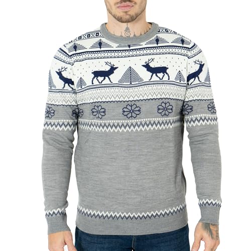 NOROZE Herren Frohe Weihnachten Schein-Reißverschluss Nordischer Stil Rentier Elch Hirsch Trichter Rundhalsausschnitt Festlich Xmas Pullover Pulli (XXL, Creme)