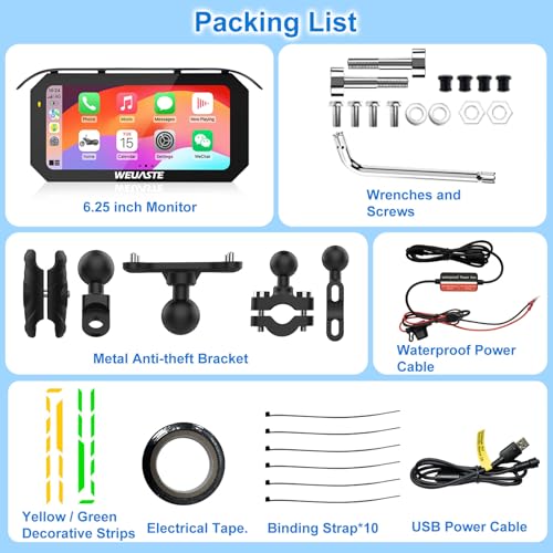 Image of 6.25 inch Motorcycle CarPlay Navigation HD Touch Screen, Wireless CarPlay & Android Auto, IP67 Waterproof GPS Display, BT, 3 Mounting Options, Universal 1 inch Ball Mount, Metal Anti-Theft Bracket