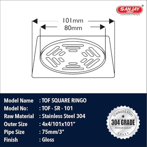 Image of Stainless Steel Floor Drain Sink Top Cover Jali 304 Grade for Bathroom Gratings Waste Water Drainer Strainer Anti Odor Bathtub Washbasin Toilet Washroom (Square Ringo 4 x 4 INCH Silver)