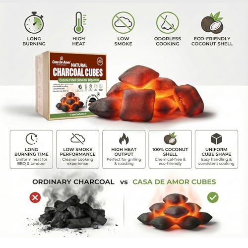 Image of Casa De Amor Natural Charcoal Cubes for BBQ, Grilling & Tandoor | Long Burning, Low Smoke, Odorless Coconut Shell Charcoal | Eco-Friendly Fuel for Barbecue & Outdoor Cooking (5 Kg)