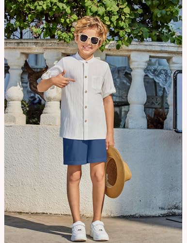 Image of Arshiner Boy's 2 Piece Beach Outfit Short Sleeve Textured Button Down Shirt and Short Sets Summer Vacation Wear 4-12 Years