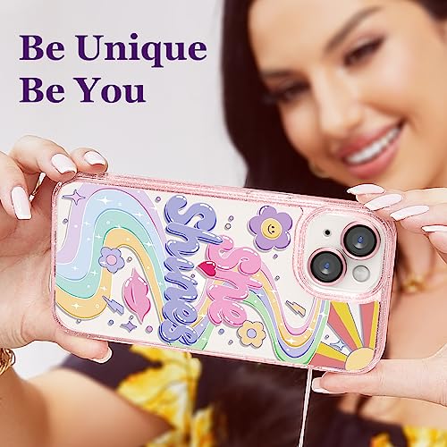 Image of Designed for iPhone 14 Case Pink Glitter Clear - Cute Bling Phone Case with Wrist Strap - Aesthetic Y2K Case for Woman, Girl 6.1 inch (She Shines)