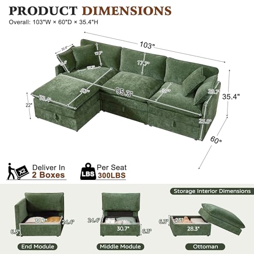 Image of Ihanherry 103 inch Sectional Sofa, L Shaped Cloud Couch with Storage, Sectional Couches for Living Room (Light Green)