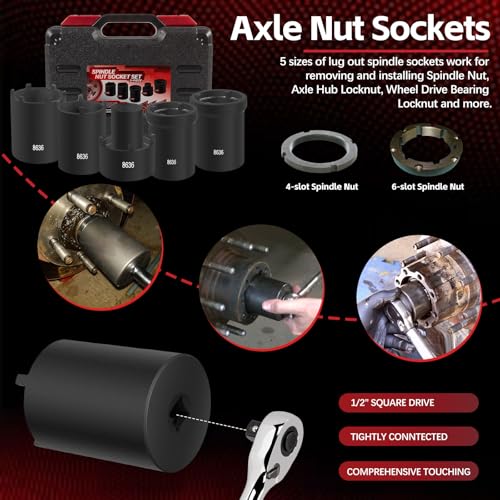 Spindle Nut Socket Tool Kit 5 Pcs Axle Hub Lock Nut Socket Set 1/2” Drive Wheel Drive Spindle Nut Remover Installer for Ford Dana 50/60, Chevy, and Dodge, Replace# 648636 Lug Out Spindle Socket Set
