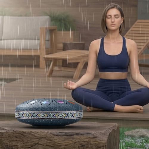 Image of REGIS Rain Drum for Outside Garden, 6.8 Inches 13 Notes Steel Tongue Drum, Waterproof Meditation Rain Chime, UV-Printed Notes & Geometric Design, with Bag, Mallets & Music Book(Navy)