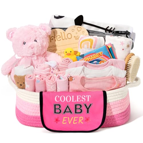 Image of iAOVUEBY Baby Gift Set for Newborn, New Baby Girl Gift Basket, Newborn Essentials Hat Onesie Bear Toys Keepsake Blanket Infant Diaper Changing Pad Bibs, Baby Shower Gifts for Girls