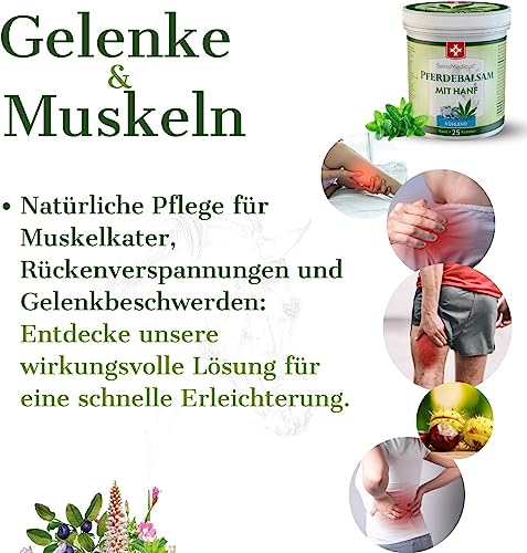 SwissMedicus Pferdebalsam mit Hanf - Kühlende Wirkung für Muskeln & Gelenke - gel mit 25 natürlichen Extrakten - Ideal für Sportler - Alltäglicher Gebrauch - Tiefenwirksame Formel 6