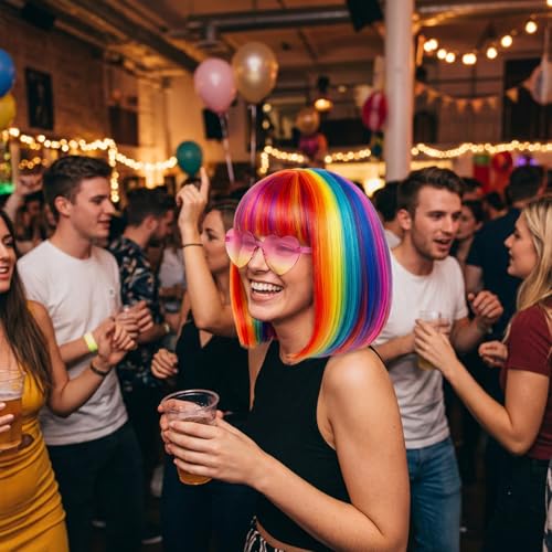 Image of Rainbow Wig, Short Bob Wigs with Heart Sunglasses Hair Cap for Women, Short Wigs for Halloween Costume, Daily Use and Special Events