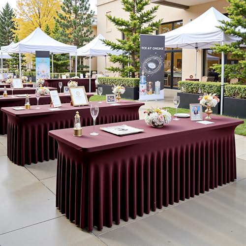 Image of 2 pk Burgundy Spandex Tablecloth 6ft with Ruffled Tables,Wrinkle Free High-Stretch Fitted Table Cloths for 6 Foot Rectangle Tables,Elastic Maroon Spandex Table Covers 6 ft for Weddings Banquet Dinning