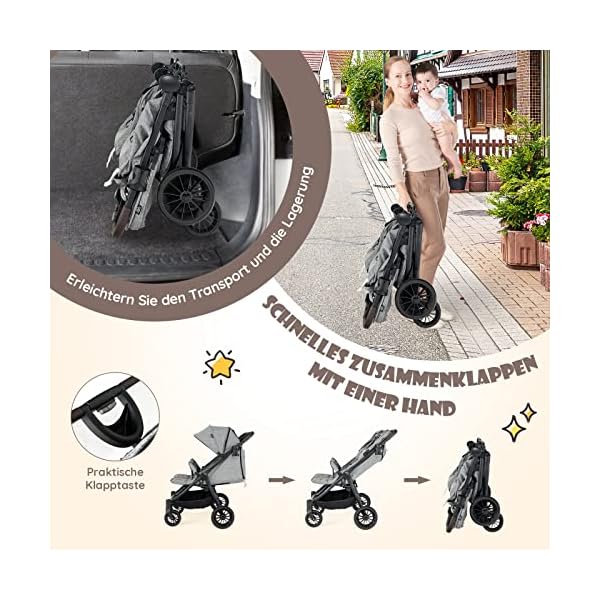 COSTWAY Geschwisterwagen klappbar, Zwillingswagen mit Verstellbarer Rückenlehne, Fußstütze & Baldachin, Reisebuggy mit Liegefunktion, Tragbarer Zwillingsbuggy für Baby bis 3 Jahre (Grau)
