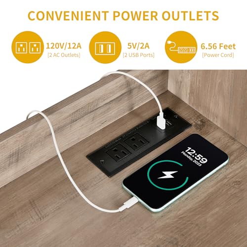 DWVO 71'' Tall Kitchen Pantry Storage Cabinet with Charge Station, Farmhouse Glass Display Food Pantry Hutch with Microwave Stand & Hooks & Drawers & Shelves for Home Living Dining Room, Lvory Grey