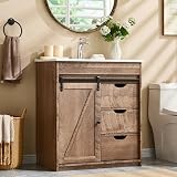 Aitjunz 30' Farmhouse Bathroom Vanity with Ceramic Sink Combo, Freestanding Modern Bathroom Storage Vanity Cabinet w/Sliding Barn Door, 3 Drawers & Adjustable Shelves, Light Brown