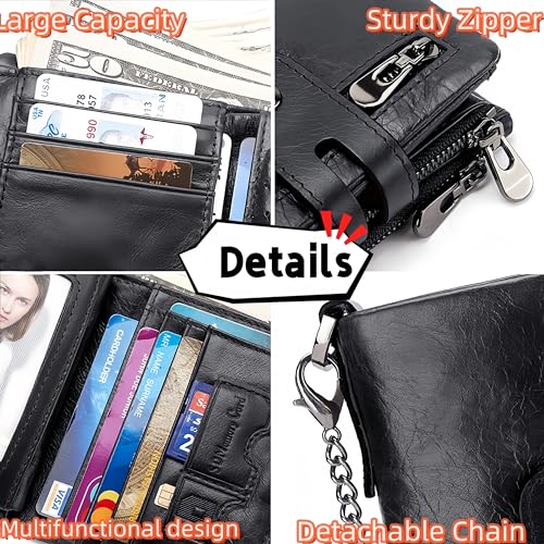 Ti-Y Chain Wallets for Men Genuine Leather RFID Blocking Bifold biker Wallet with Double Zipper Coin Pocket and Anti-Theft Chain (Green)4