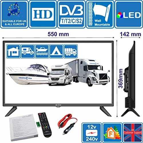 Motorhome Caravan Boat 12 Volt 24 Inch LED Digital HDR TV DVB-T2 /C/S2 Freeview Freesat Cable TV. 12V 240V USB PVR & Media Player, VGA & HDMI PC Monitor by Unispectra® (UK DVB-T2+DVBS2 (2021))