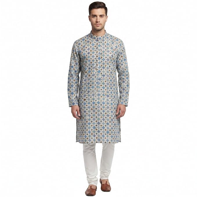 Men's Geometric Print Kurta Pyjama Set | Regular Fit Ethnic Wear | Mandarin Collar Long Sleeve Kurta with Pyjama | Traditional Outfit for Wedding, Festival, Eid & Party | 2 Pc Set-image-27