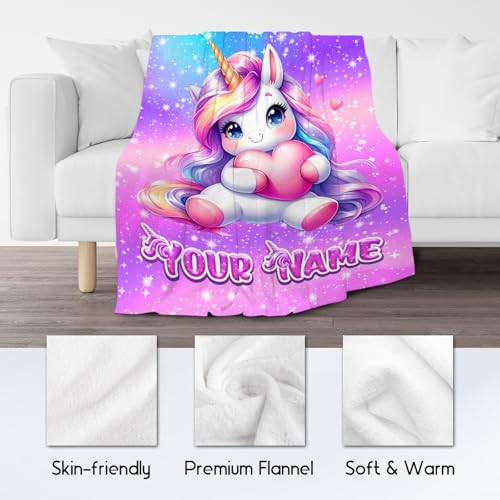 Unicorn Blanket Personalized Gifts for Girls - Flannel Soft Cute Throws for Couch, Office 4 Sizes
