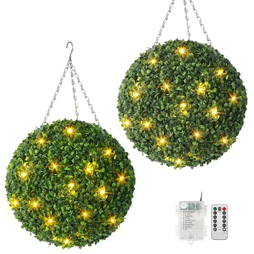 Garveehome 16” Artificial Plant Topiary Ball, Pre-Lit Artificial Topiary Plant with 8 Mode, Battery Operated,and Remote Control, Light Plant Ball for Backyard, Wedding and Home DéCor